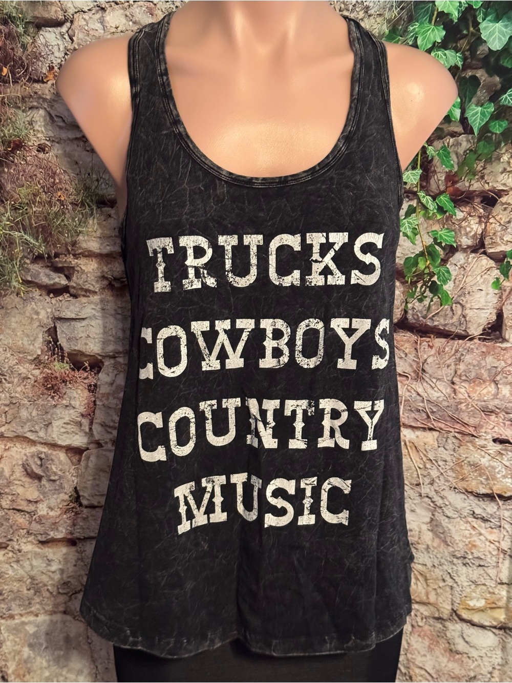 Acid Wash Black βTrucks Cowboys & Country Musicβ Graphic Tank Top